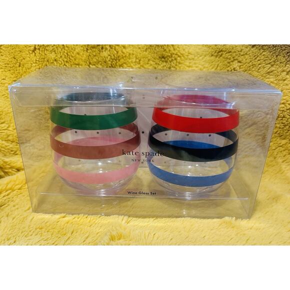Kate Spade New York Stemless Wine Glass Set ADVENTURE Stripes Acrylic 14 Oz NIB - Picture 1 of 8